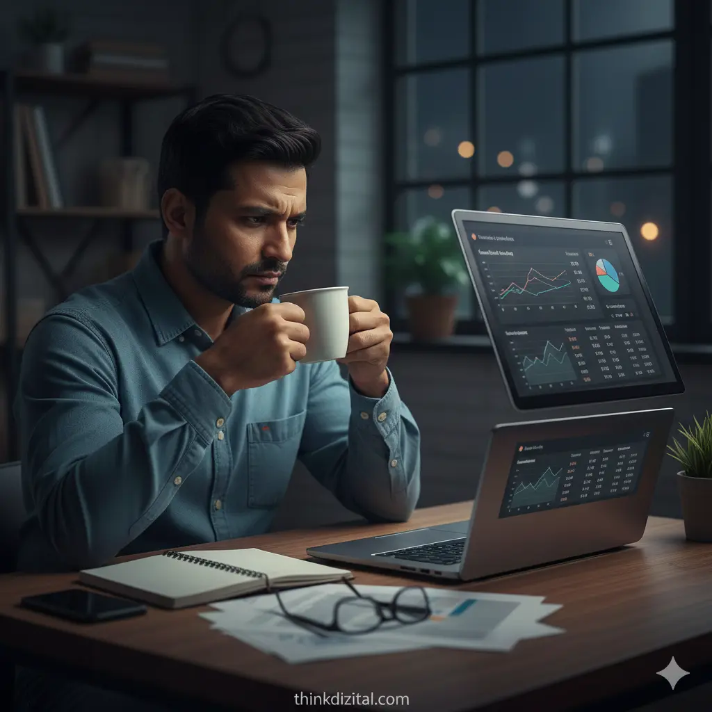 Business owner checking performance (quiet concern energy)