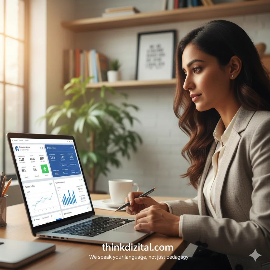 A coach reviewing marketing performance on a laptop