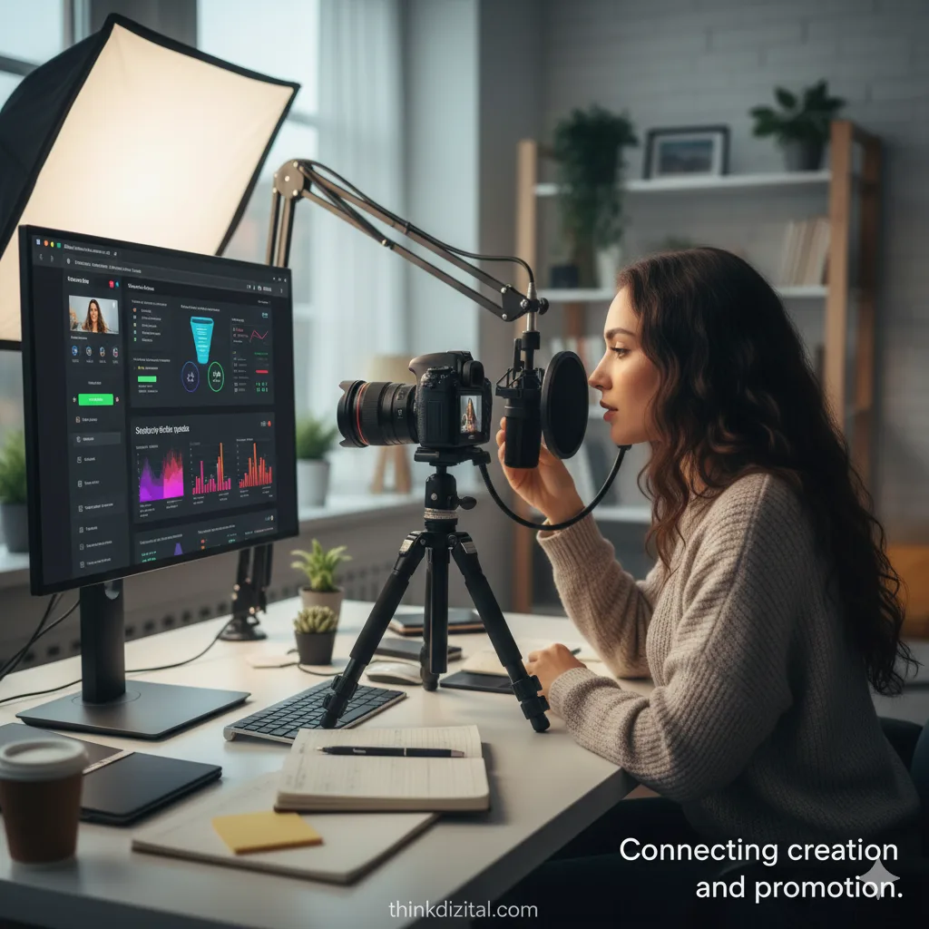 A course creator recording content while a marketing screen sits open nearby