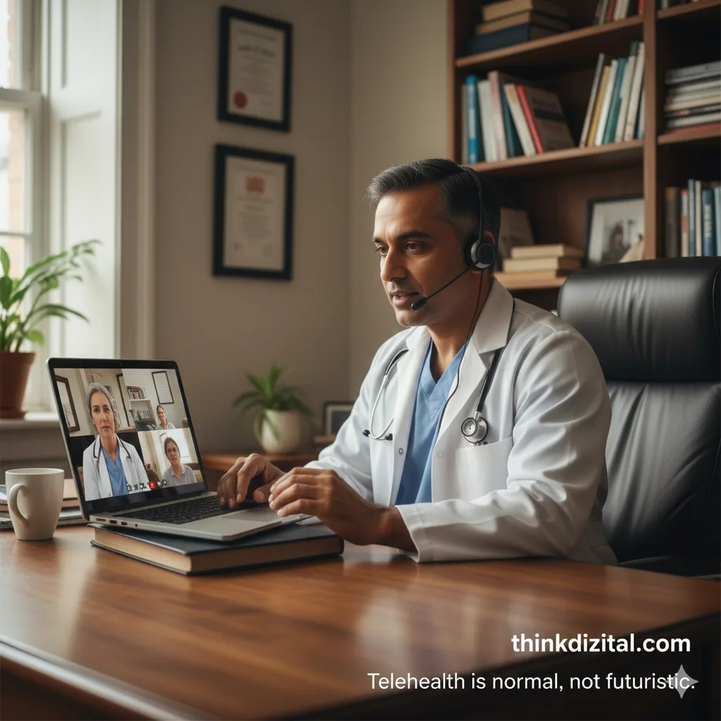 A doctor on a video consultation in a real, slightly imperfect setup