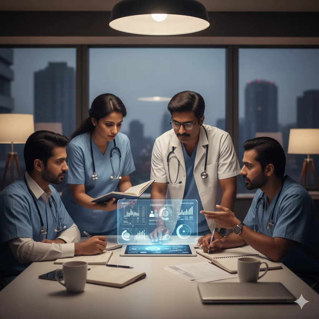 A small clinic team in a strategy huddle