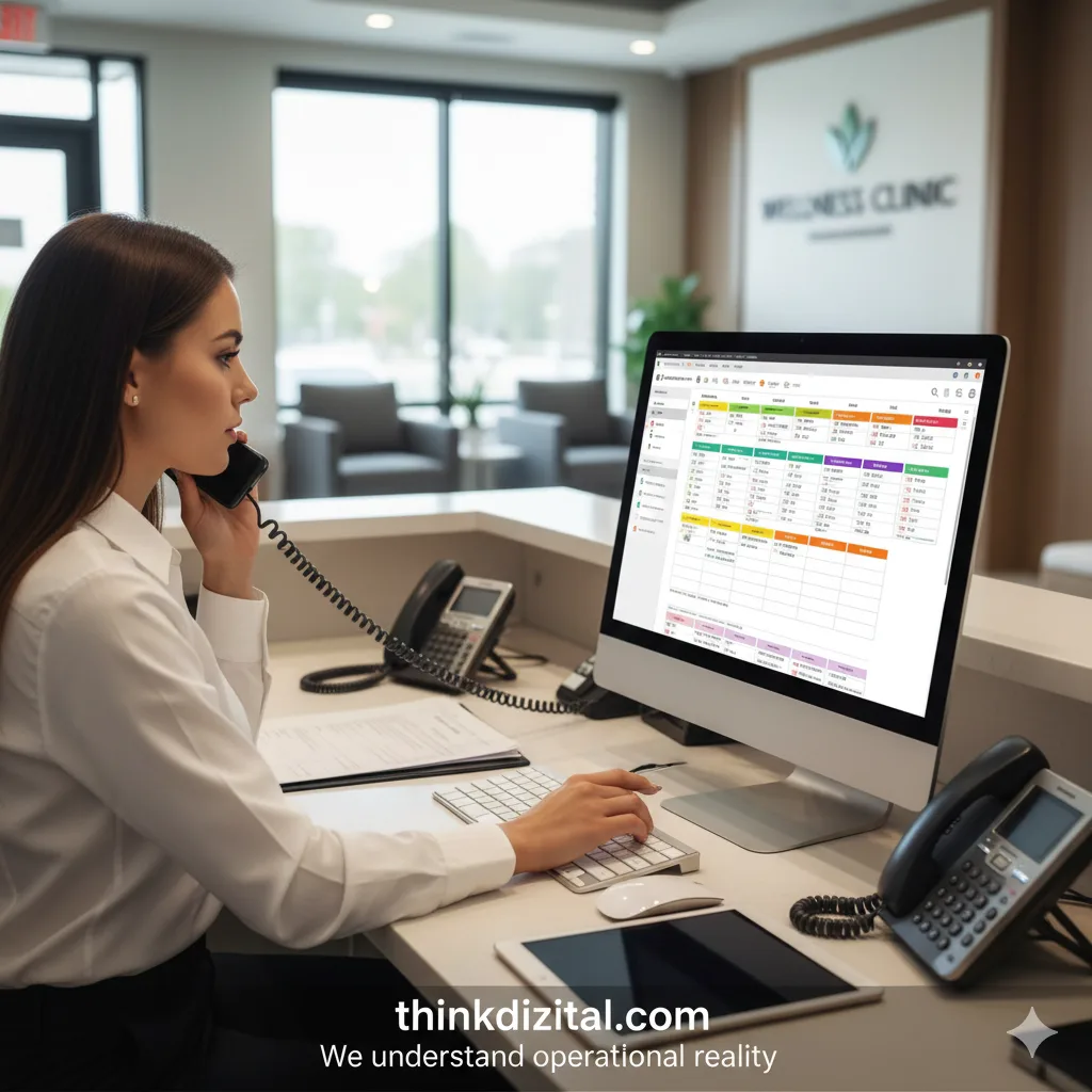 Front-desk staff managing calls and online bookings simultaneously