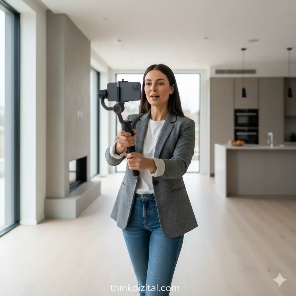 Agent Filming a Property Walkthrough with a Phone on a Gimbal