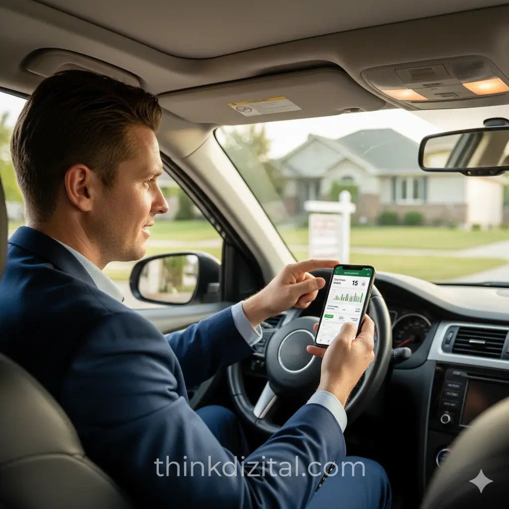 Agent in a Car Between Showings Checking Campaign Performance