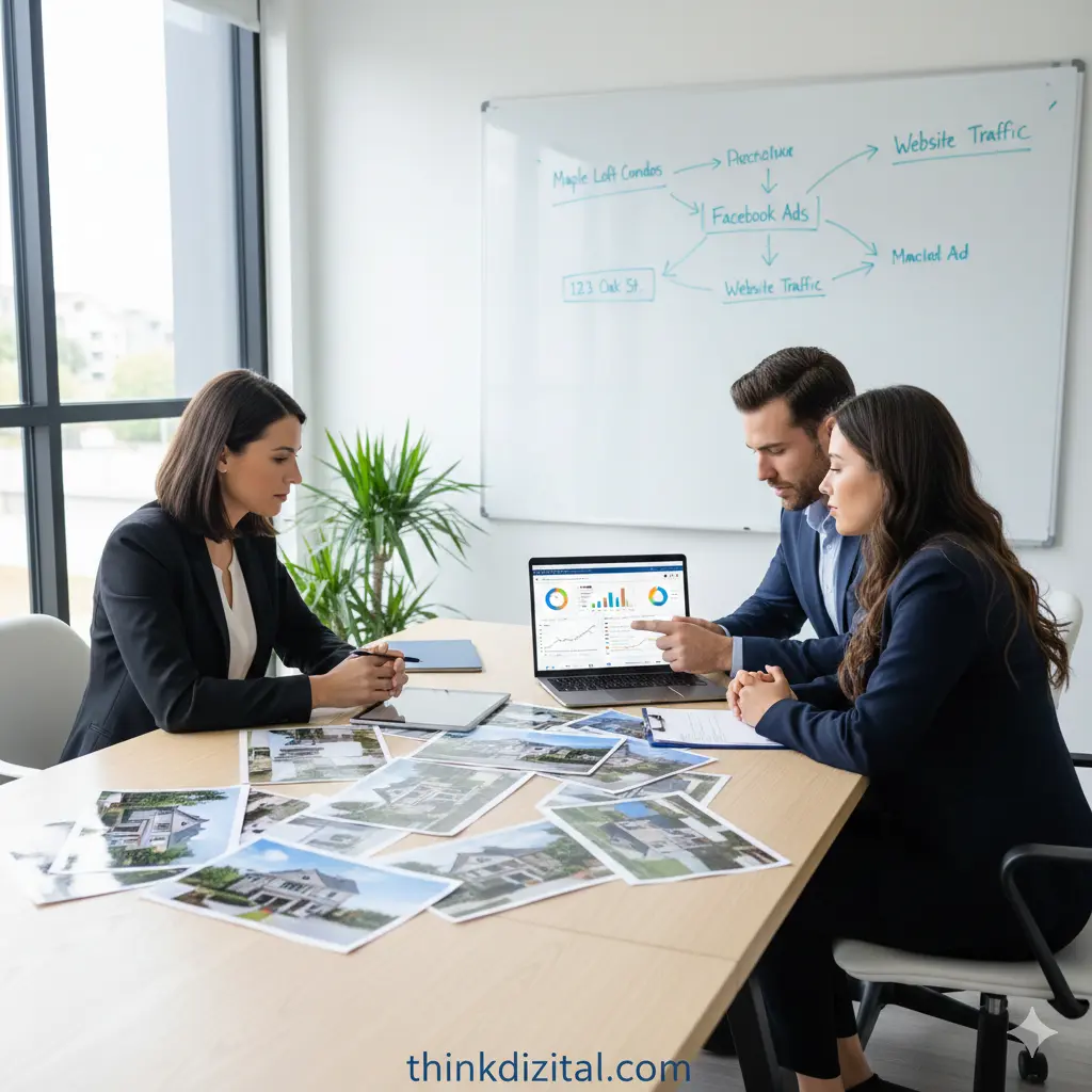 Small Team in a Real Estate Office Reviewing Campaign Results
