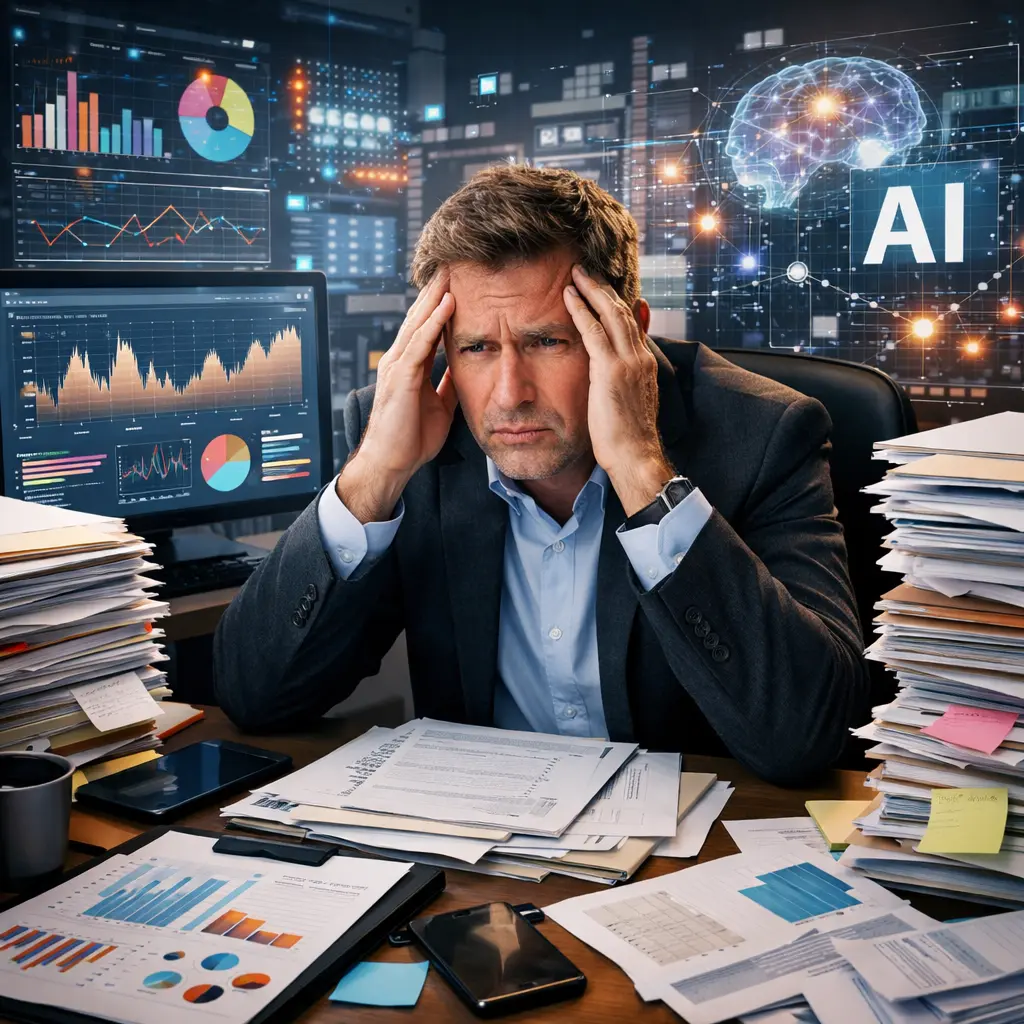 Stressed businessman amidst overwhelming data